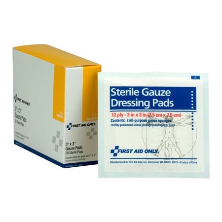 Acme United First Aid Only Sterile Gauze Pads, 3in x 3in, 20/Box, 12PK I211